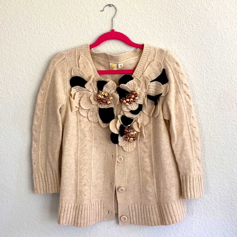 Anthropologie Beige Cardigan with Black Floral Details